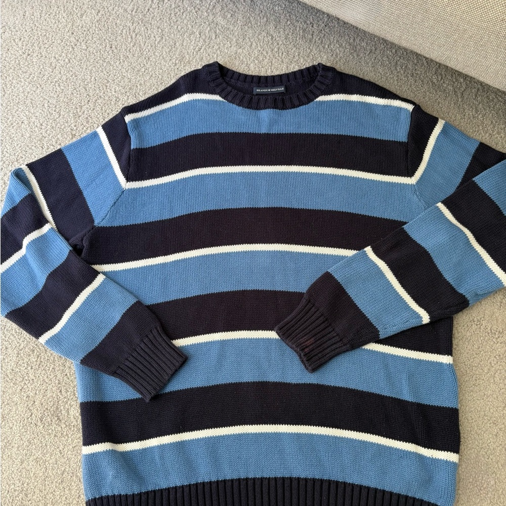 Brandy Melville Blue and Black Striped Crewneck Sweater